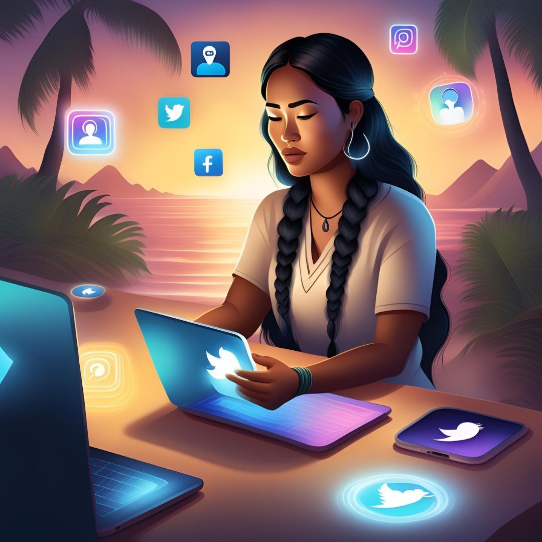 Person using a laptop with social media icons around on a tropical beach at sunset.