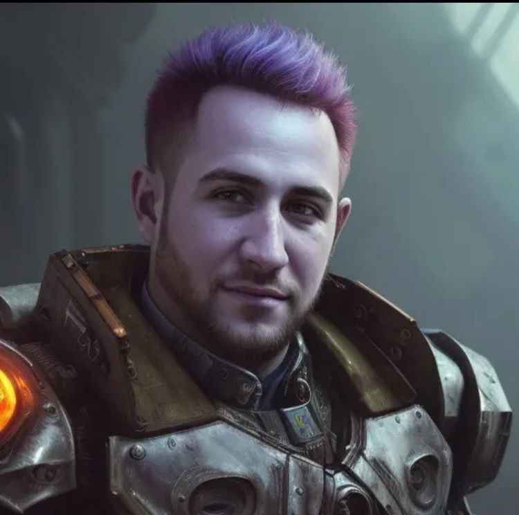 Illustration of a man with purple hair wearing futuristic armor, looking confidently at the camera.